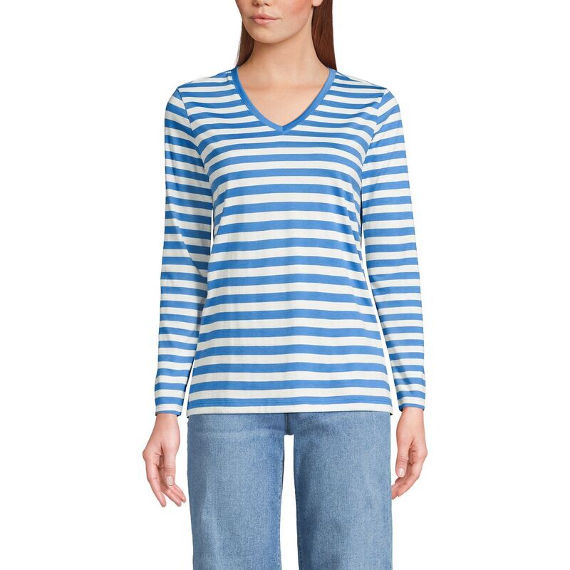 ランズエンド レディース トップス Tシャツ Vネック コットン Womens Lands End RelaxedFit Supima Long Sleeve Cotton VNeck Tee Cobalt Even Stripe コバルト