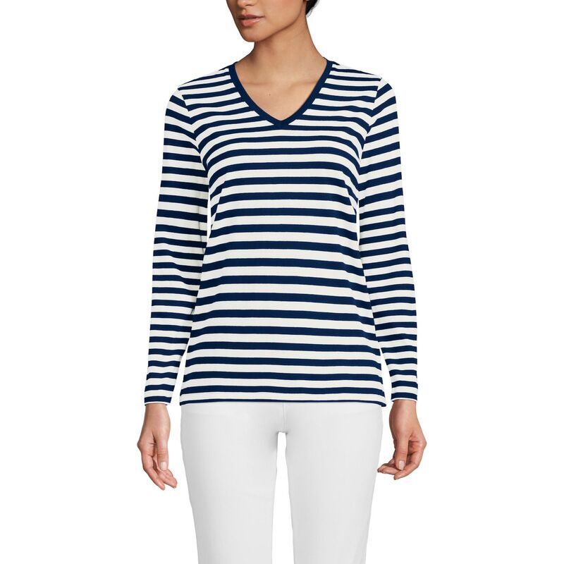 ランズエンド レディース トップス Tシャツ Vネック プチ コットン Petite Lands End Supima Cotton Relaxed VNeck Tee Sea Navy Even Stripe ネイビー