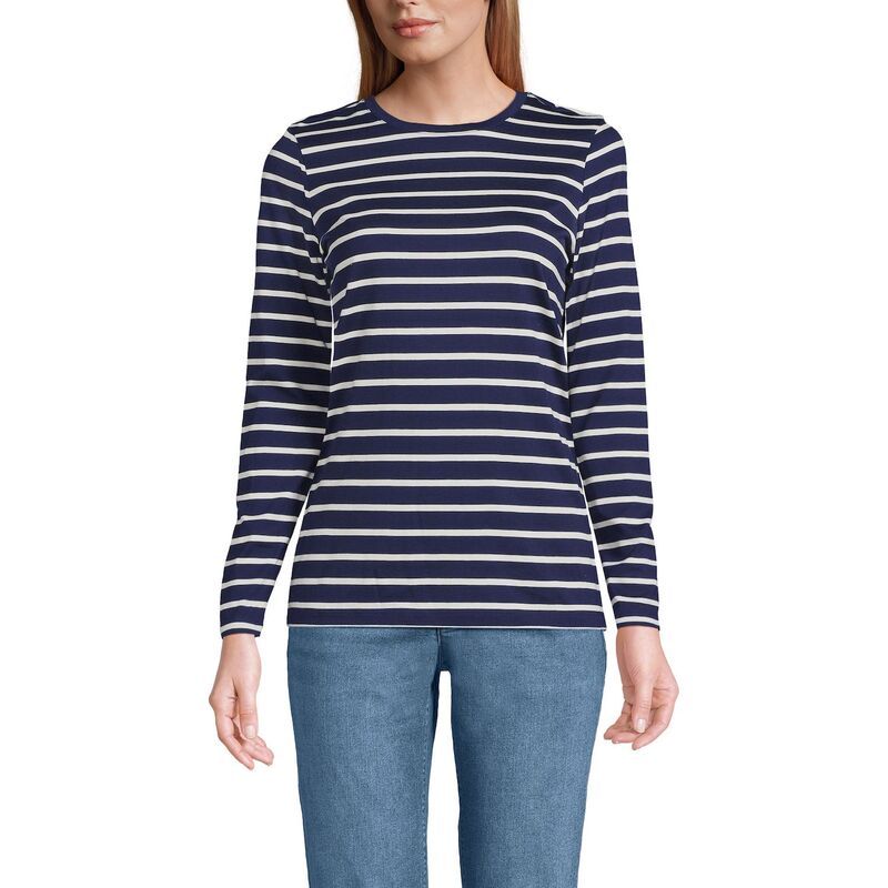 ランズエンド レディース トップス Tシャツ クルーネック コットン Womens Lands End RelaxedFit Supima Long Sleeve Cotton Crewneck Tee Navy Breton Stripe ネイビー