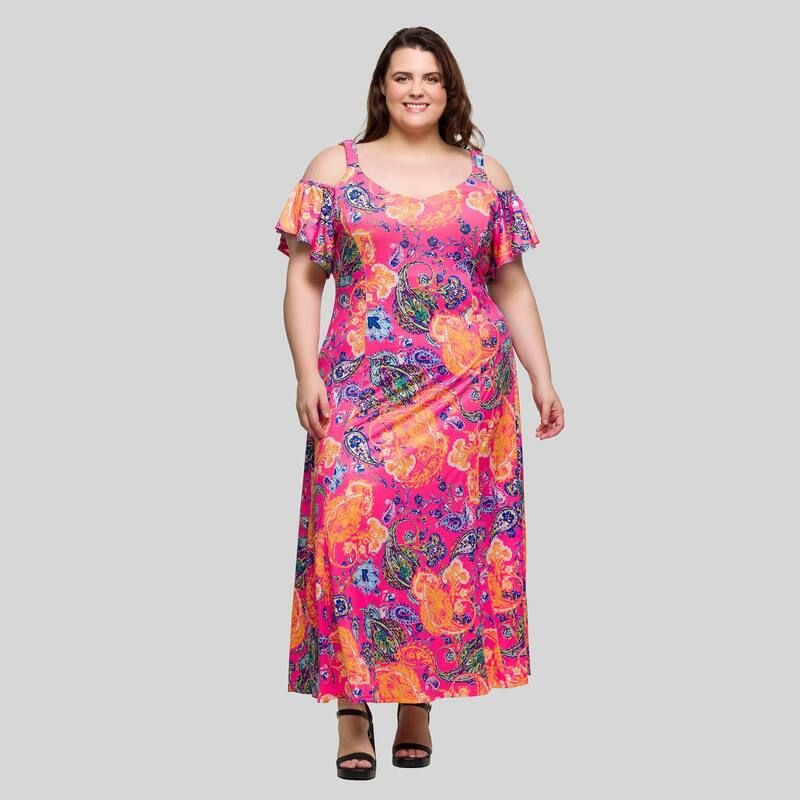24 セブンコンフォート レディース トップス ワンピース プラスサイズ フリル マキシ Plusize 24Seven Comfort Apparel Cold Shoulderuffle Sleeve Maxi Dress Pink Multi ピンク