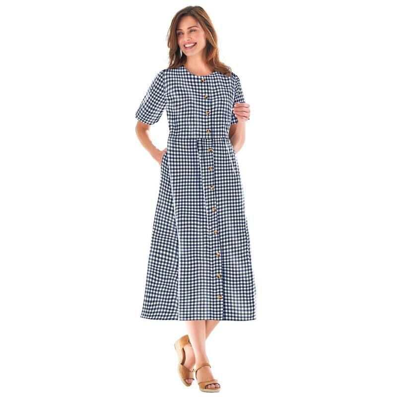 ウーマン ウィズイン レディース トップス ワンピース プラスサイズ 半袖 Woman Within Womens Plusize ShortSleeve Seersucker Dress Navy Gingham ネイビー