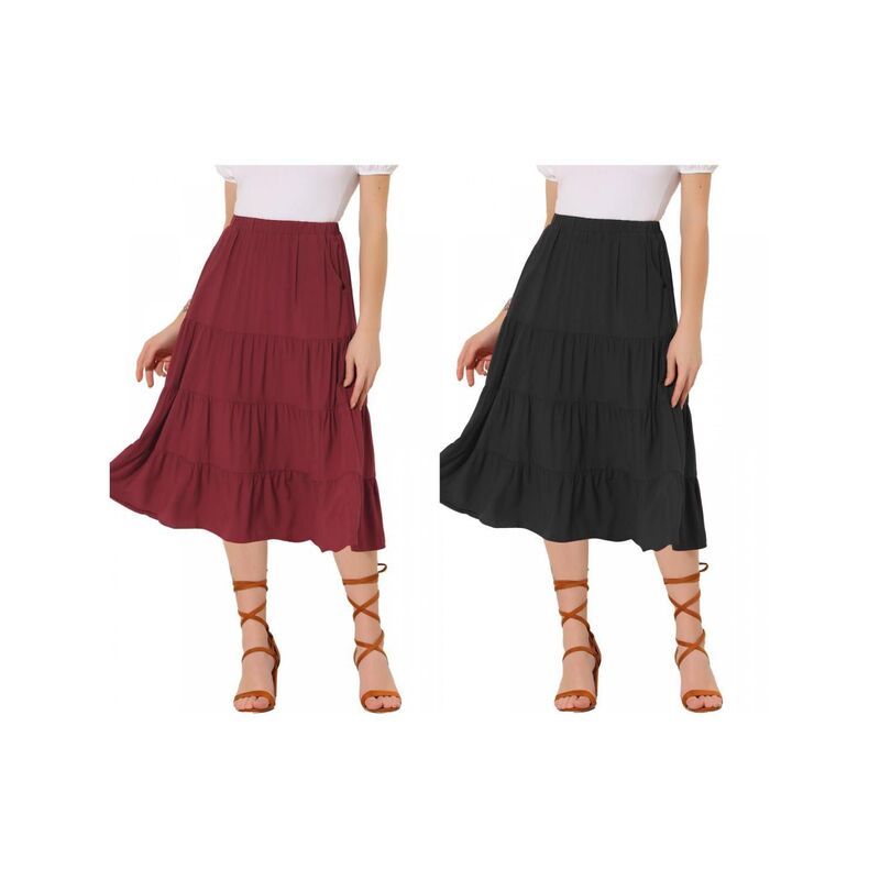 アレグラ ケー レディース ボトムスカート ティアード A ライン ミディ ALLEGRA K 2 Packs Womens ALine Tiered Pockets Midi Long Skirt Black Wine Red ブラック