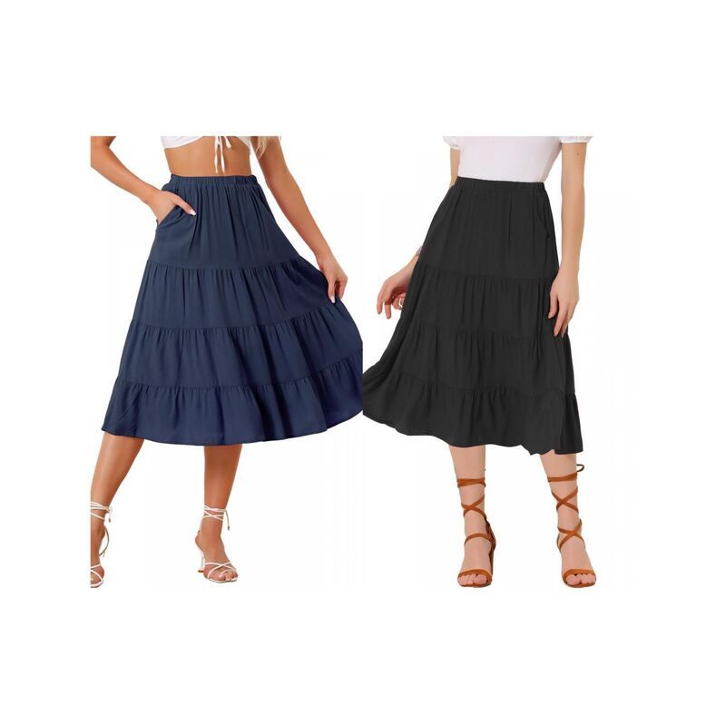 アレグラ ケー レディース ボトムスカート ティアード A ライン ミディ ALLEGRA K 2 Packs Womens ALine Tiered Pockets Midi Long Skirt Black Navy ブラック
