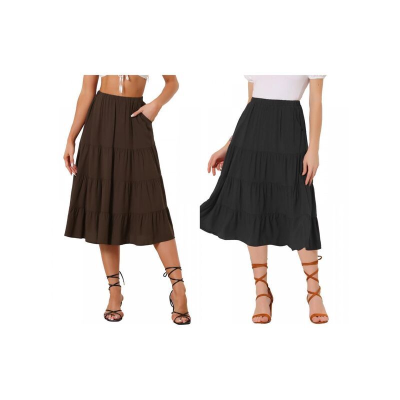 アレグラ ケー レディース ボトムスカート ティアード A ライン ミディ ALLEGRA K 2 Packs Womens ALine Tiered Pockets Midi Long Skirt Black Brown ブラック