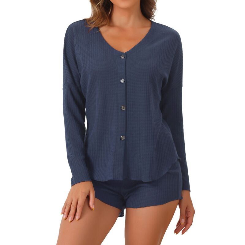 cheibear レディース アンダーウェア ナイトウェア ボタンダウン Tシャツ ショートパンツ ダウン ニット cheibear Womens Waffle Knit Pajama Sets Button Down Long Sleeve Tee and