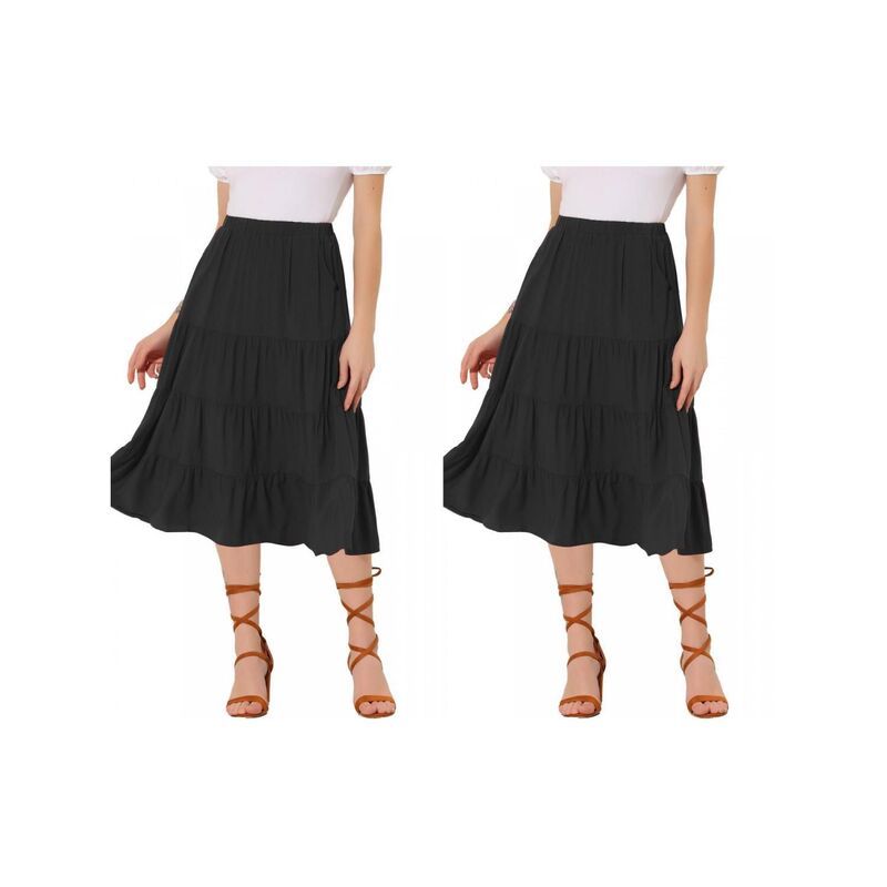 アレグラ ケー レディース ボトムスカート ティアード A ライン ミディ ALLEGRA K 2 Packs Womens ALine Tiered Pockets Midi Long Skirt Black ブラック