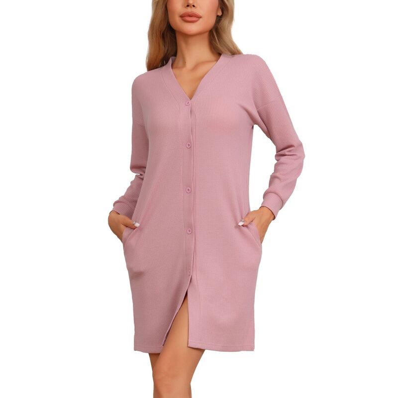 cheibear レディース アンダーウェア ナイトウェア シャツ ダウン ニット cheibear Womens Waffle Knit Nightshirt Long Sleeve Sleepshirts with Pockets Button Downs