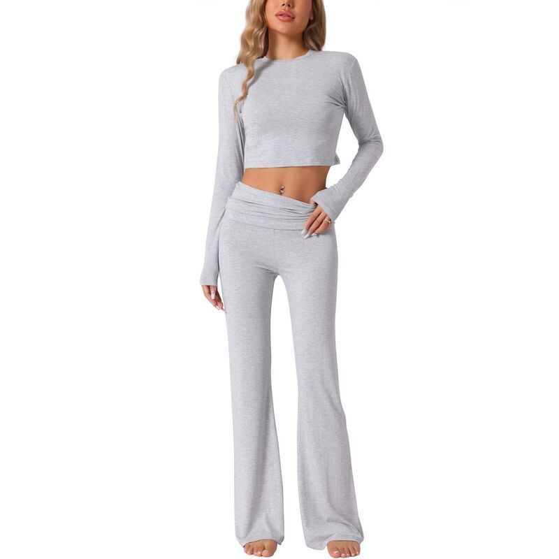 cheibear レディース アンダーウェア ナイトウェア パンツ cheibear Womens Lounge Sets Long Sleeve Crop Top Foldover Flare Pants Pajama 2 Piece Outfits Lig