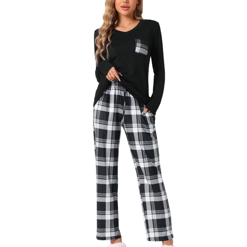 cheibear レディース アンダーウェア ナイトウェア cheibear Pajamaset for Women Long Sleeve Plaid Soft Pjs Lounge Sets with Pockets Black ブラック