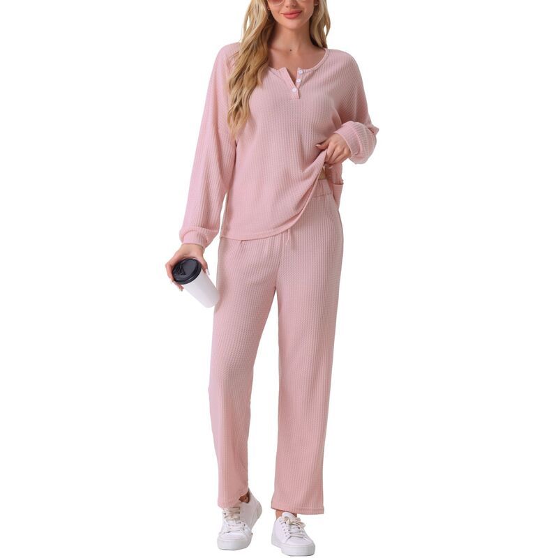 cheibear レディース アンダーウェア ナイトウェア ニット cheibear Womens Pajama Set Waffle Knit Lounge Long Sleeve 2 Piece PJset Sweatsuit Outfits Pink ピ