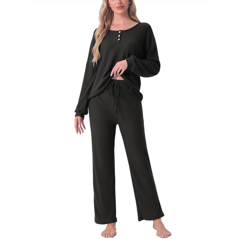 cheibear レディース アンダーウェア ナイトウェア ニット cheibear Womens Pajama Set Waffle Knit Lounge Long Sleeve 2 Piece PJset Sweatsuit Outfits Black