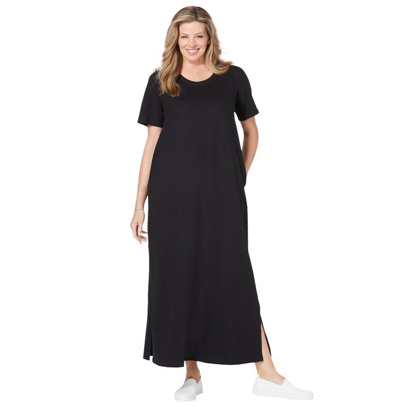ウーマン ウィズイン レディース トップス ワンピース プラスサイズ Tシャツ 半袖 マキシ Woman Within Womens Plusize Perfect ShortSleeve Scoopneck Maxi Tee Dress Black ブラック