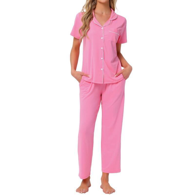 cheibear レディース アンダーウェア ナイトウェア ボタンダウン シャツ ダウン cheibear Womens Button Down Pajama Set Short Sleeve Shirt 2 Piece Loungewear Soft Sle