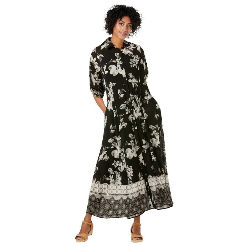 ウーマン ウィズイン レディース トップス ワンピース プラスサイズ プチ シャツ Woman Within Womens Plusize Petite RollTab Sleeve Crinkle Shirtdress Black Bloom Flower