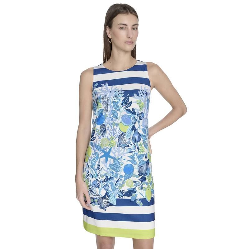 アンドリューマーク レディース トップス ワンピース ノースリーブ Womens Andrew Marc New York Sleeveless Textured Sheath Dress Ocean Print