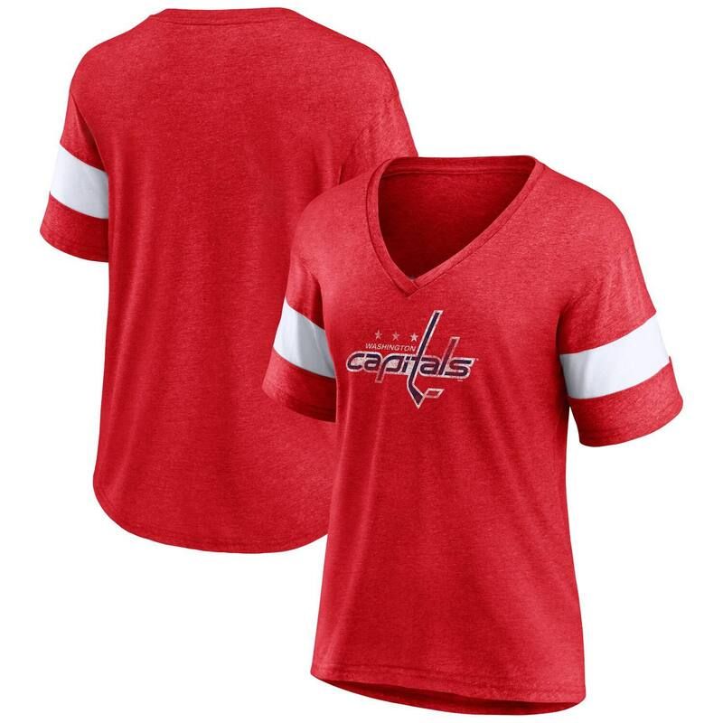【送料無料】 ファナティクス レディース Tシャツ トップス Womens Fanatics Heather Red Washington Capitals Distressed TriBlend VNeck HalfSleeve TShirt Cap Red