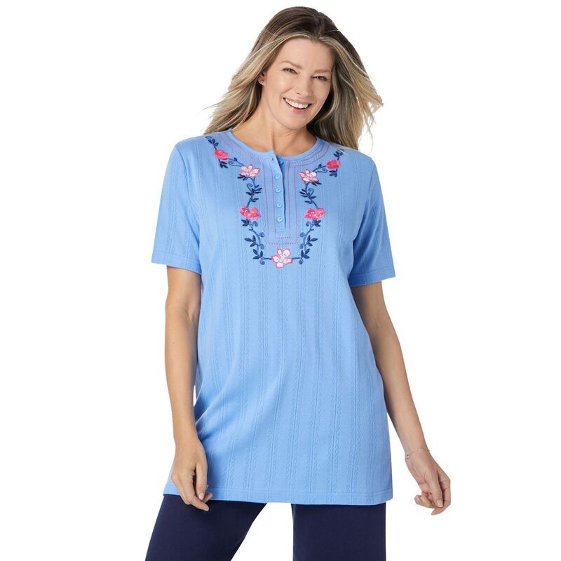 ウーマン ウィズイン レディース トップス Tシャツ プラスサイズ 刺繍 Woman Within Womens Plusize 7Day Embroidered Pointelle Tunic French Blue Floral ブルー