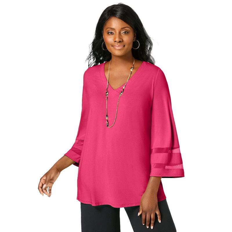 ジェシカロンドン レディース トップス Tシャツ プラスサイズ メッシュ ニット Jessica London Womens Plusize Stretch Knit Mesh Inset Sleeve Tunic Pink Burst ピンク