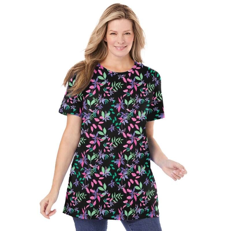 ウーマン ウィズイン レディース トップス Tシャツ クルーネック プラスサイズ プリント Woman Within Womens Plusize Perfect Printed Crewneck Tunic Black Multi Floral ブラック