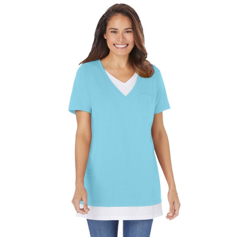 ウーマン ウィズイン レディース トップス Tシャツ プラスサイズ Woman Within Womens Plusize LayeredLook Tunic Seamist Blue ブルー