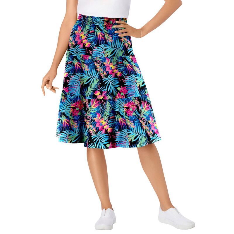 ウーマン ウィズイン レディース ボトムスカート ティアード ニット ジャージー Woman Within Jersey Knitiered Skirt Navy Multi Florals ネイビー