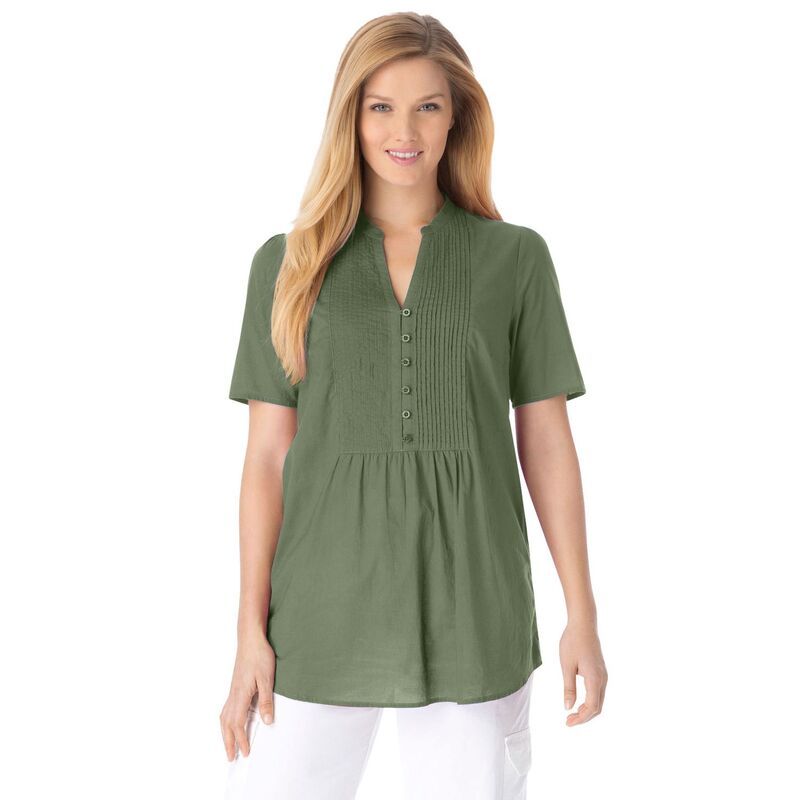 ウーマン ウィズイン レディース トップス Tシャツ プラスサイズ Woman Within Womens Plusize Pintucked HalfButton Tunic Olive Green グリーン