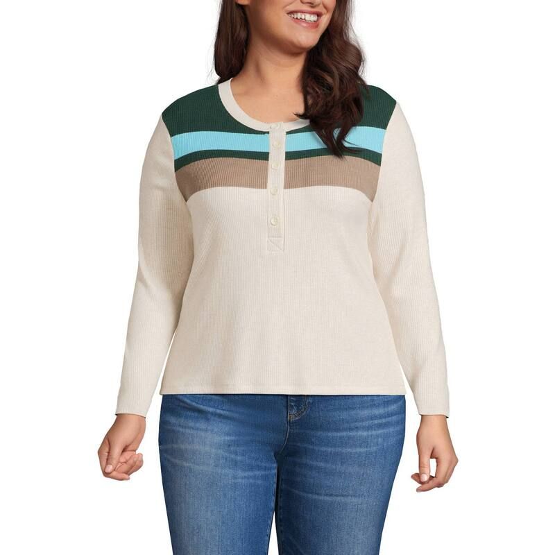 ランズエンド レディース トップス Tシャツ プラスサイズ Plusize Lands End Long Sleeve Cozy Rib Henley Top Deep Forestripe フォレスト