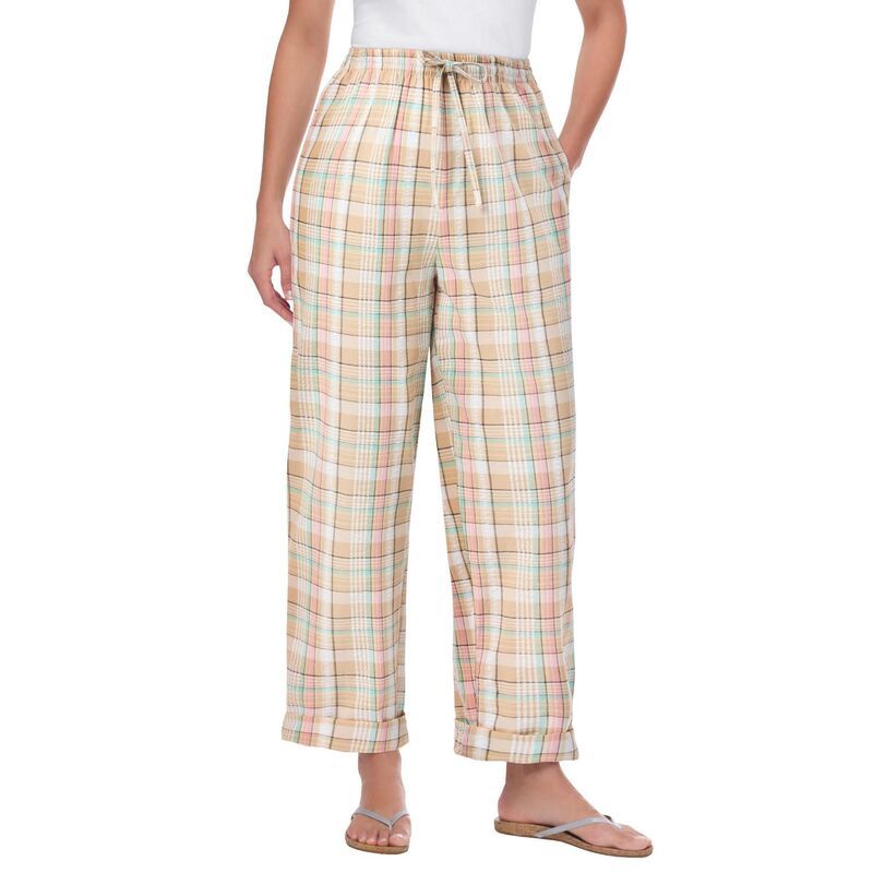 ウーマン ウィズイン レディース ボトムス カジュアルパンツ プラスサイズ プチ Woman Within Womens Plusize Petite Seersucker Pant New Khaki Plaid カーキ