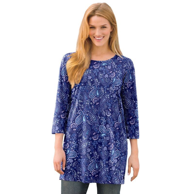 ウーマン ウィズイン レディース トップス Tシャツ プラスサイズ プリント Woman Within Womens Plusize Perfect Printed ThreeQuarterSleeve Scoopneck Tunic Evening Blue