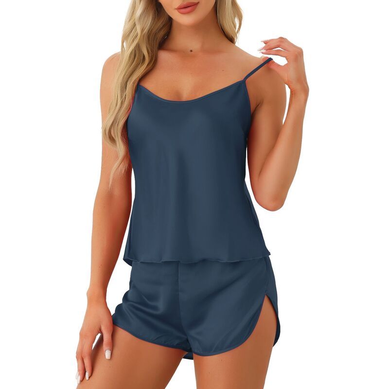 cheibear レディース アンダーウェア ナイトウェア ショートパンツ サテン シルク cheibear Womensilky Satin Pajamasets Cami Shortsetsleepwear 2 Piece Navy Blue ネイビー