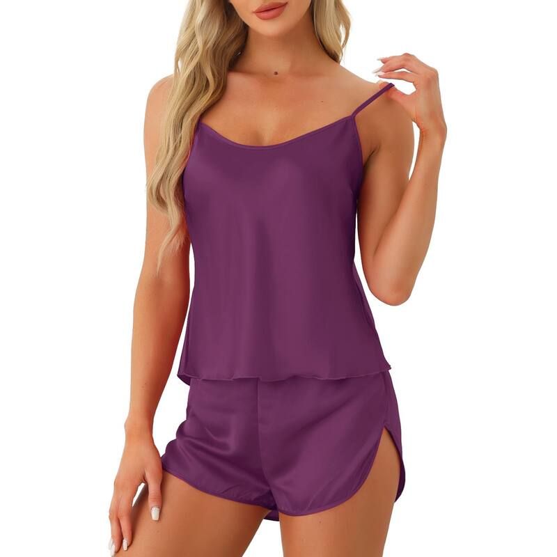 cheibear レディース アンダーウェア ナイトウェア ショートパンツ サテン シルク cheibear Womensilky Satin Pajamasets Cami Shortsetsleepwear 2 Piece Deepurple パープル