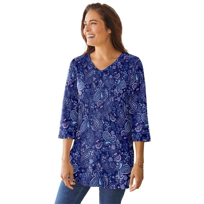 ウーマン ウィズイン レディース トップス Tシャツ Vネック プラスサイズ プリント Woman Within Womens Plusize Perfect Printed ThreeQuarterSleeve VNeck Tunic Evening Blu