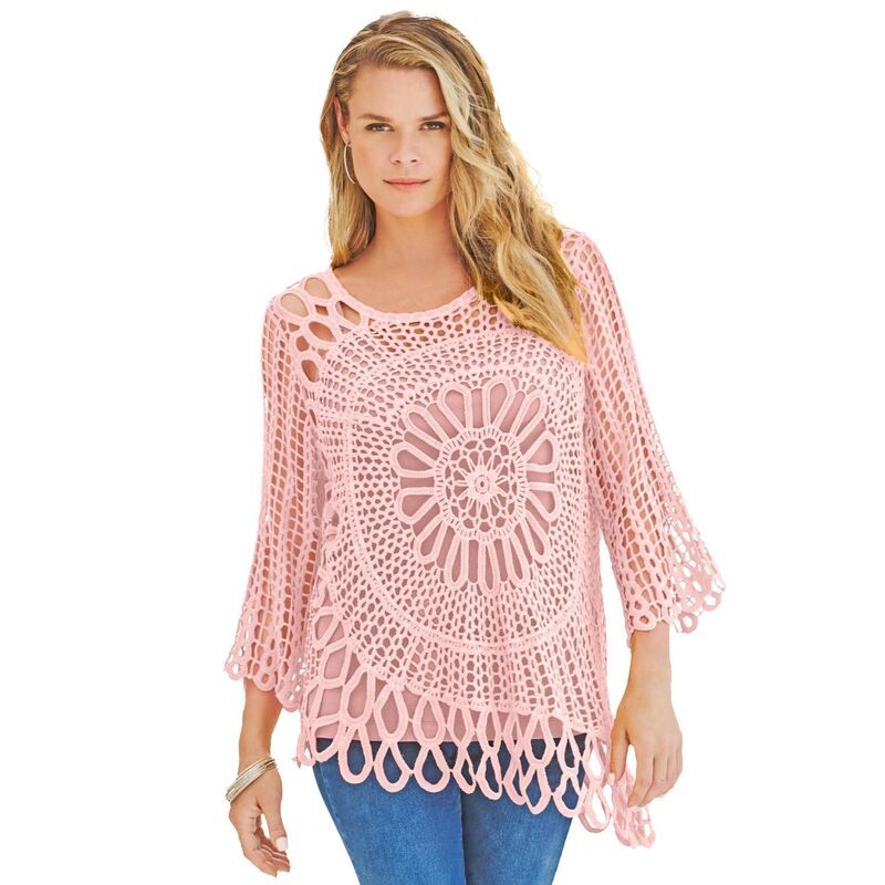 ロアマンズ レディース アウター ニット・セーター プラスサイズ Roamans Womens Plusize Starburst Crochet Sweater Soft Blush ブラッシュ