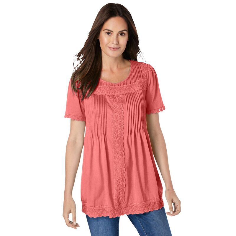 ウーマン ウィズイン レディース トップス Tシャツ プラスサイズ レース Woman Within Womens Plusize LaceTrim Pintucked Tunic Sweet Coral コーラル