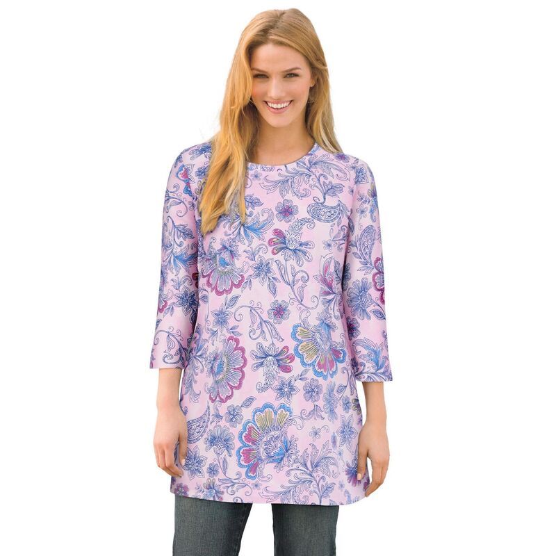 ウーマン ウィズイン レディース トップス Tシャツ プラスサイズ プリント Woman Within Plusize Perfect Printed ThreeQuarterSleeve Scoopneck Tunic Pink Tie Dye Batik