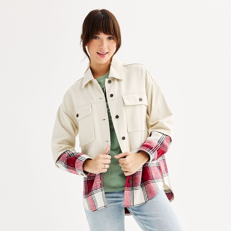 エスオー レディース アウター ジャケット・ブルゾン デニム Juniors SO Denim Plaid Mixed Media Jacket Cream Denim クリーム