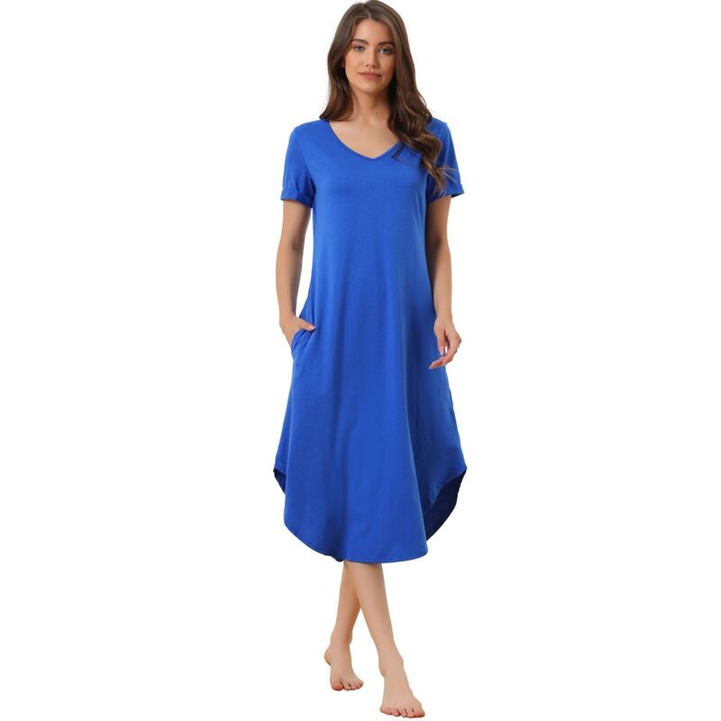 cheibear レディース アンダーウェア ナイトウェア Vネック cheibear Womens V Neck Short Sleeve Long Nightgown Lounge Dress with Pocket Royal Blue ブルー