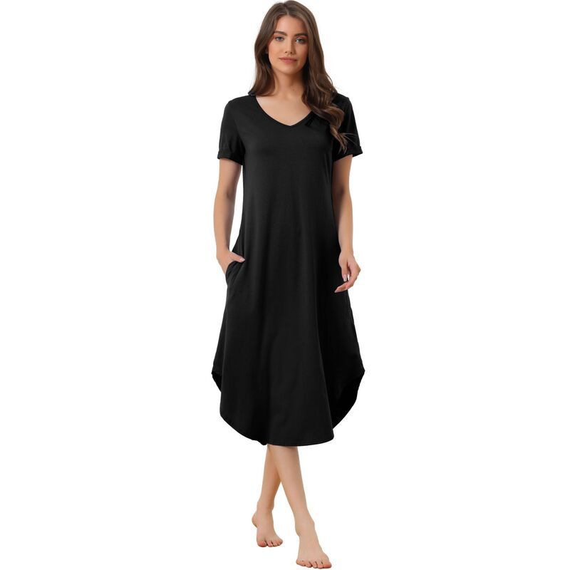 cheibear レディース アンダーウェア ナイトウェア Vネック cheibear Womens V Neck Short Sleeve Long Nightgown Lounge Dress with Pocket Black ブラック