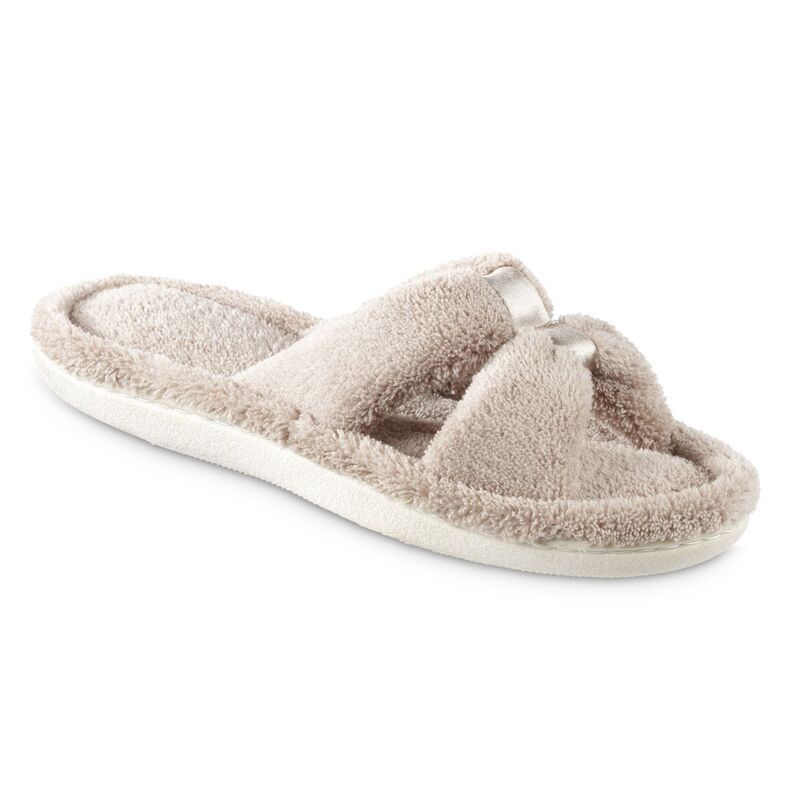 アイソトナー レディース シューズ サンダル パイル サテン Womens isotoner Memory Foamicroterry XSlide Slippers with Satin Trim Taupe トープ