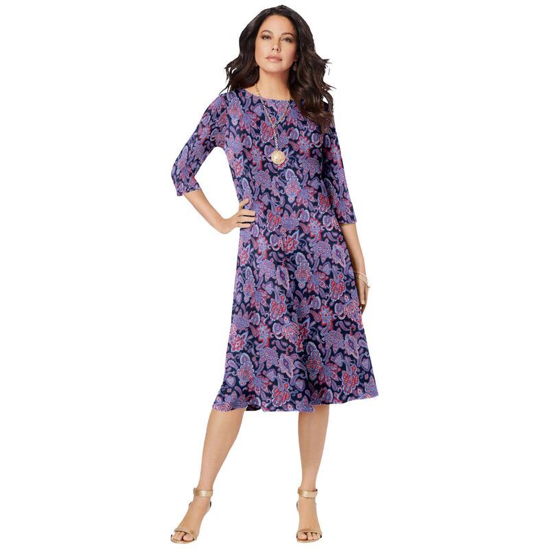 ロアマンズ レディース トップス ワンピース プラスサイズ Roamans Womens Plusize Ultrasmooth Fabric Boatneck Swing Dress Navy Paisley Medallion ネイビー