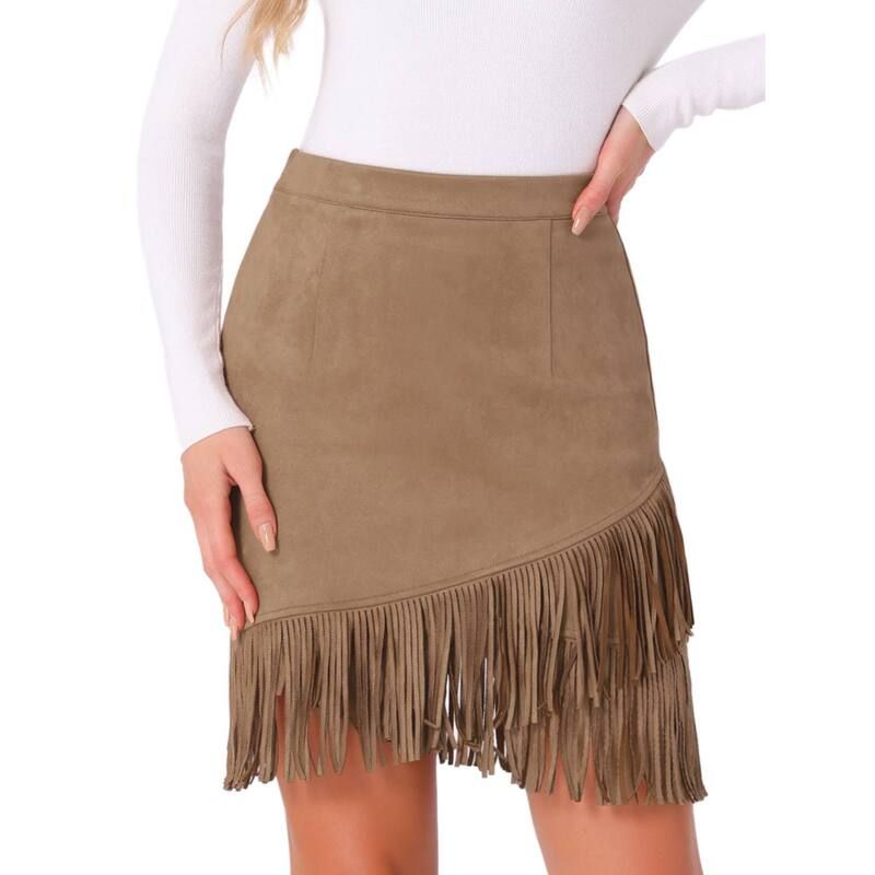 アレグラ ケー レディース ボトムスカート ヴィンテージ ハイウエスト ミニ スエード フリンジ ALLEGRA K Womens Faux Suede Skirt Stretch Fringe Trim High Waist Vintage Casual M