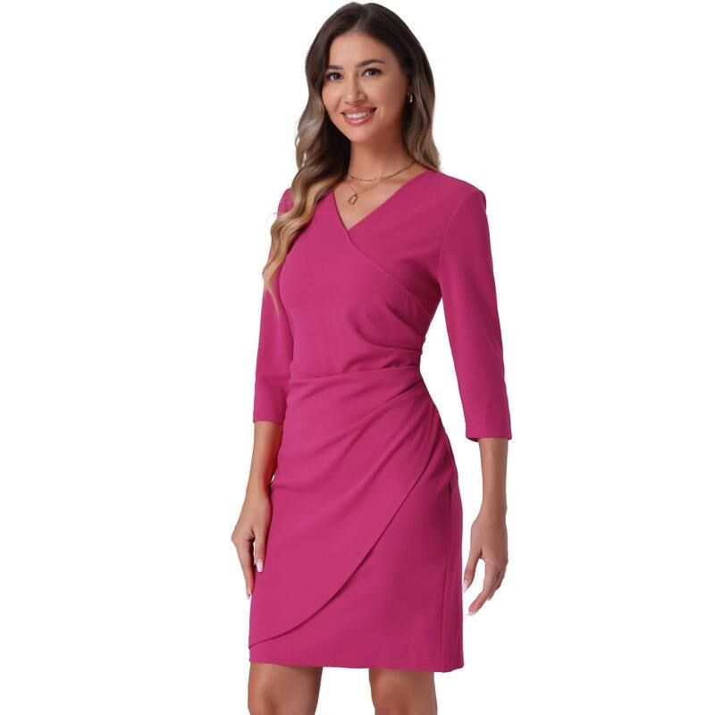 アレグラ ケー レディース トップス ワンピース Vネック ギャザー ミディ ALLEGRA K Wrap Dress for Womens 34 Sleeve Ruched V Neck Weddinguest Casual Elegant Midi Dre