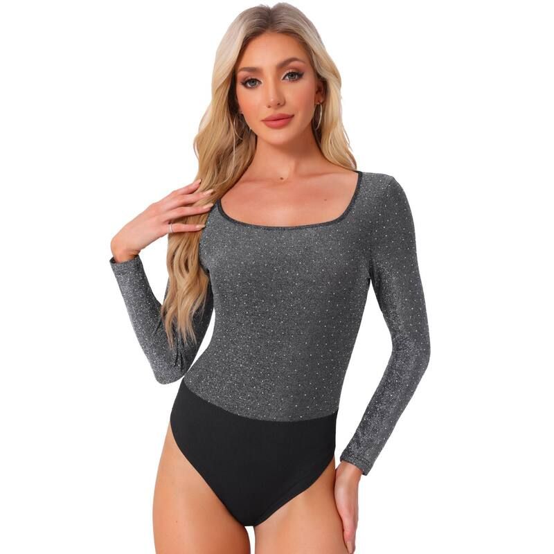 アレグラ ケー レディース トップス Tシャツ トール ボディースーツ ALLEGRA K Party Bodysuits for Womens Metallic Shiny Dotsquare Neck Long Sleeve Top Silver Blac