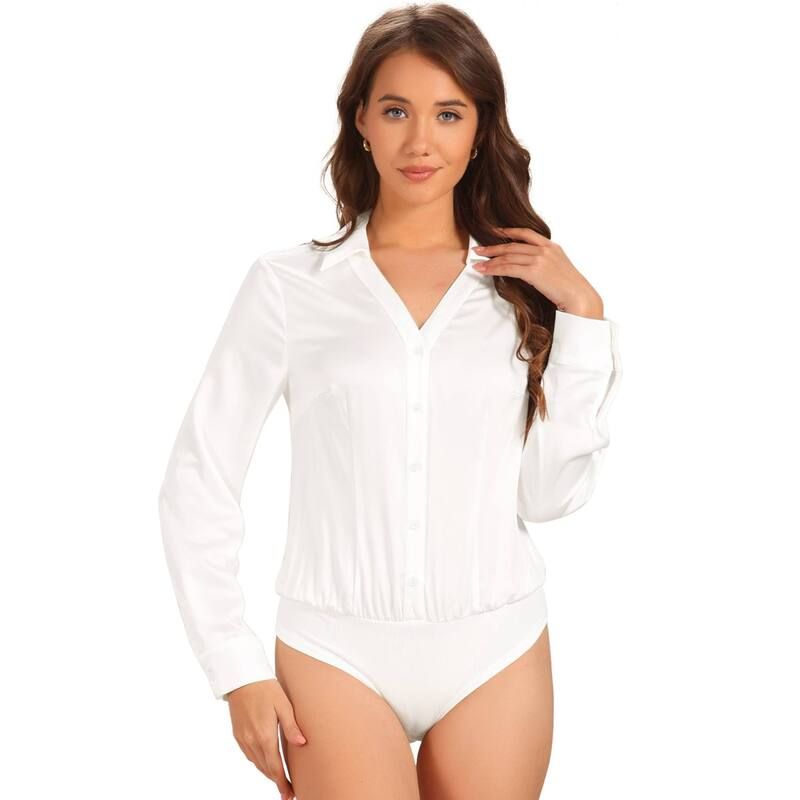 アレグラ ケー レディース トップス Tシャツ ボタンダウン ボディースーツ ALLEGRA K Button Down Business Bodysuit for Womens Onepiece Collared Long Sleeve Work Shirt