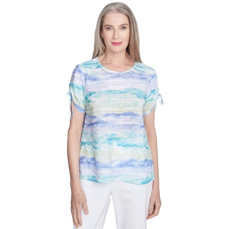アルフレッド ダナー レディース トップス Tシャツ プチ Petite Alfredunner Tied Short Sleeve Watercolor Top Blue ブルー