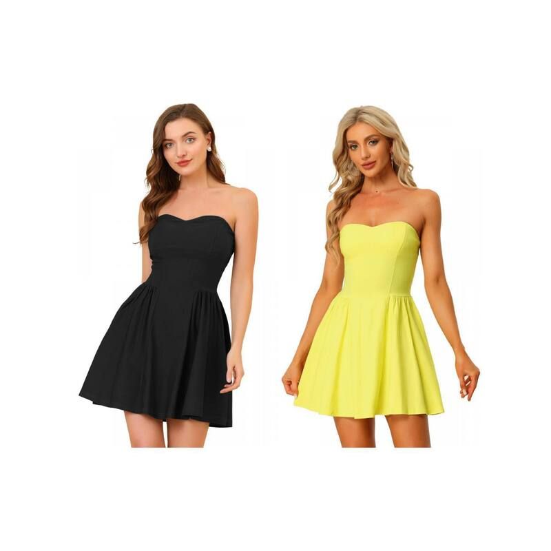アレグラ ケー レディース トップス ワンピース ミニ ストラップレス ALLEGRA K 2 Packs Womens Prom Strapless Exposed Zipper Mini Flare Tube Top Dress Black Yellow