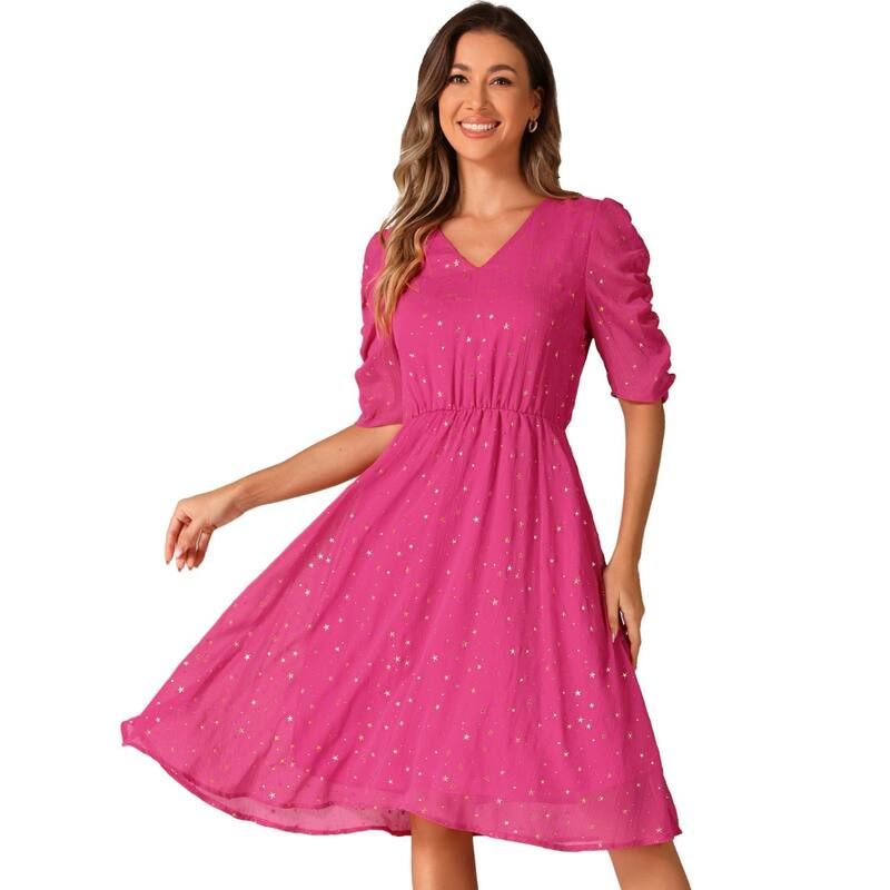 アレグラ ケー レディース トップス ワンピース Vネック シフォン A ライン ギャザー トール ALLEGRA K Chiffon Dress for Womens Metallic Stars Ruched Sleeve V Neck Aline Dre