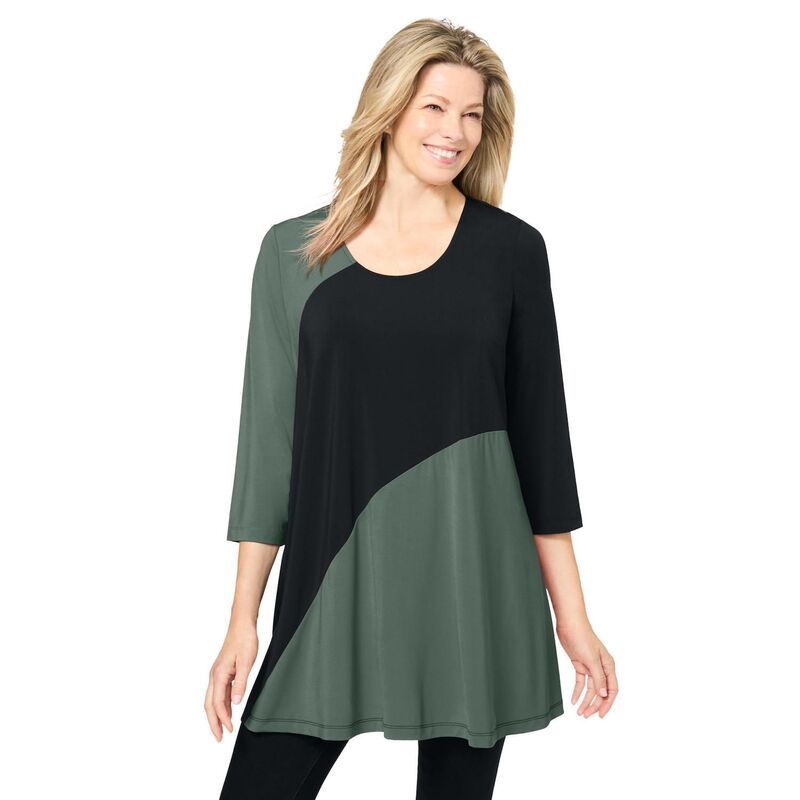 ウーマン ウィズイン レディース トップス Tシャツ プラスサイズ カラーブロック ニット Woman Within Womens Plusize Knit Colorblock Tunic Pine Black ブラック