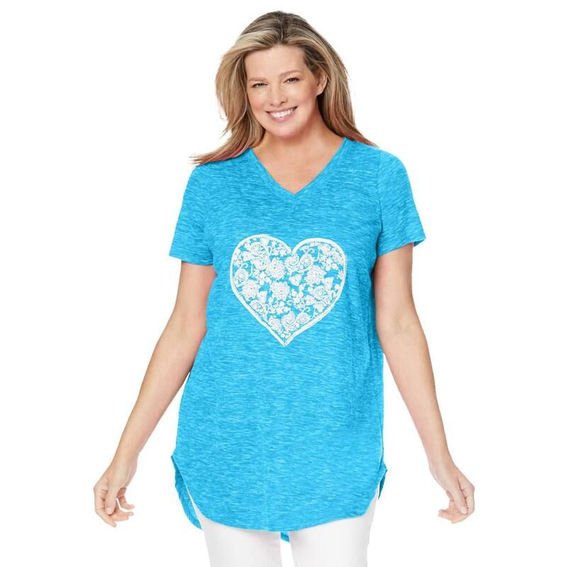 ウーマン ウィズイン レディース トップス Tシャツ Vネック プラスサイズ Woman Within Womens Plusize Marled Vneck Tunic Paradise Blue Heart ブルー
