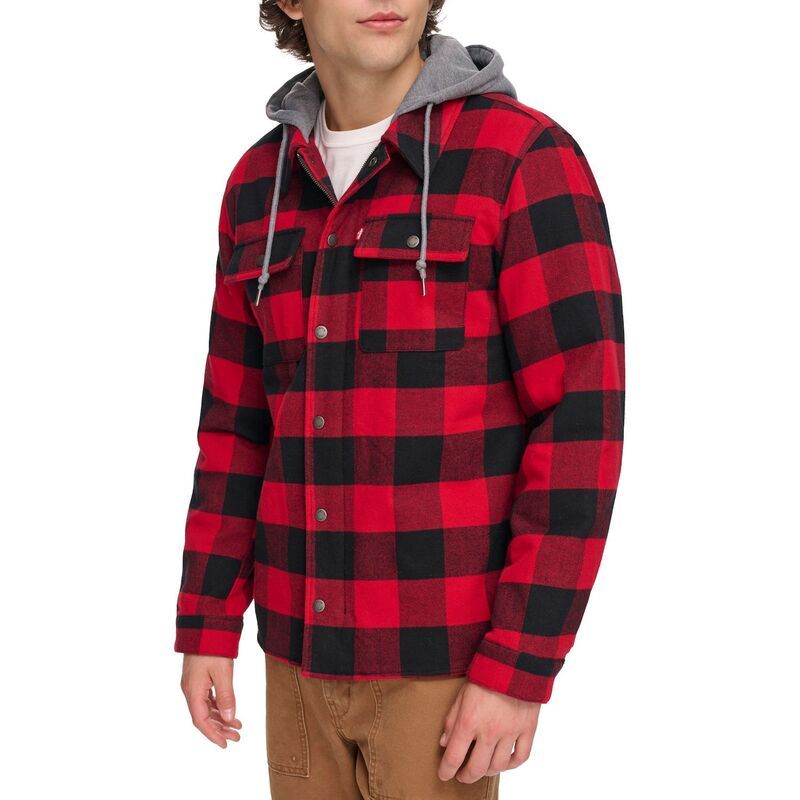 リーバイス メンズ アウター ジャケット・ブルゾン シャツ フリース Mens Levishirt Jacket with Fleece Hood Red Plaid レッド